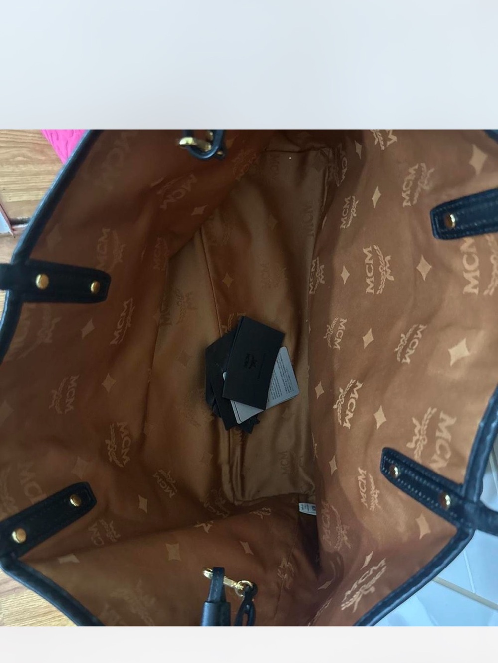 MCM Brown Logo-Print Tote with Black Trim and Gold Hardware